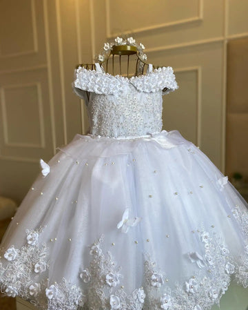 MQTIME  -  Cute White Pearls Flower Girls Dress First Birthday Princess Bow Back Tulle Christmas New Ball Gown Photoshoot Party